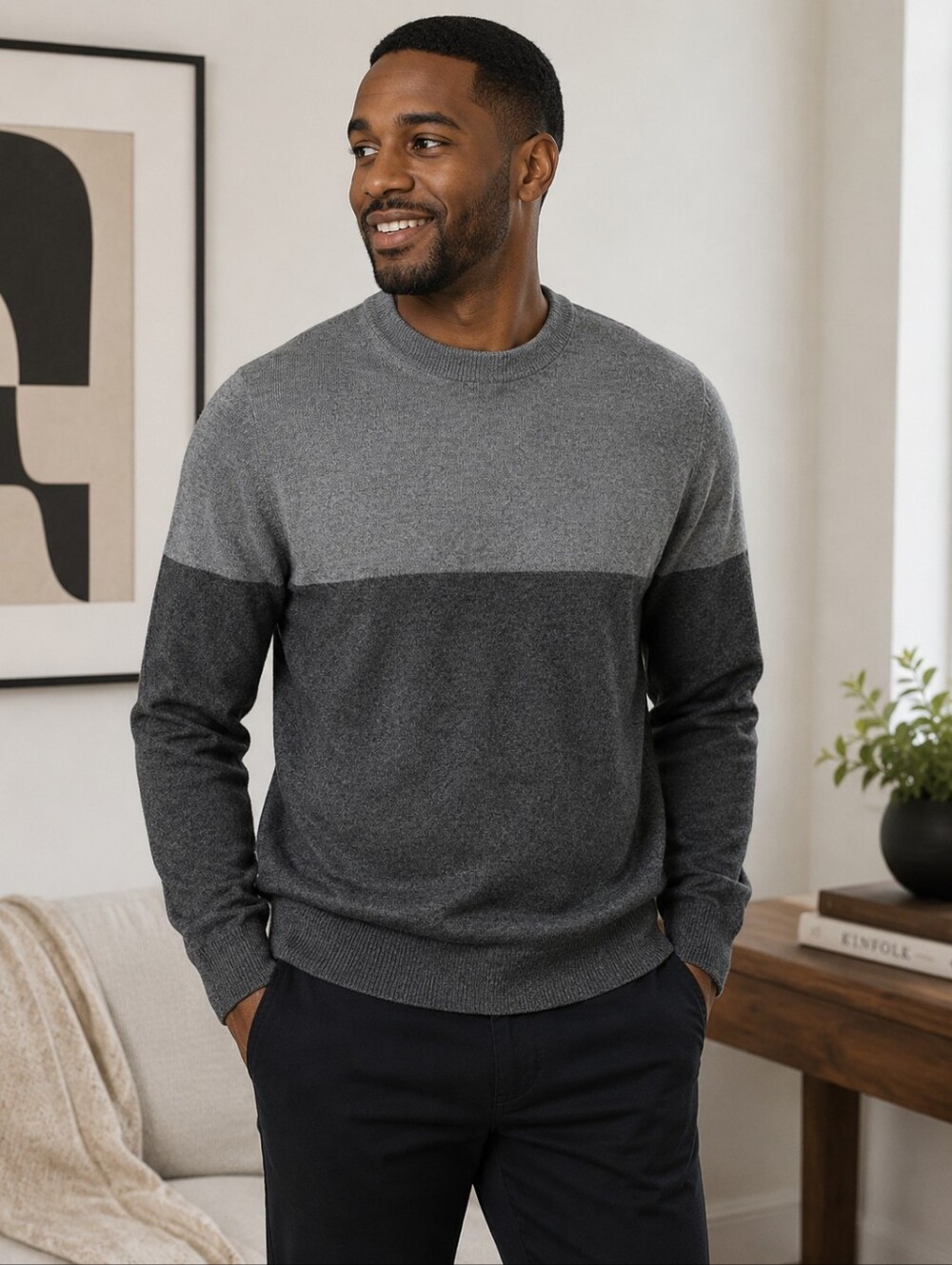 Massimo Dutti Men's Two-Tone Gray Crewneck Wool Sweater